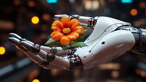 robot hand holding an orange flower