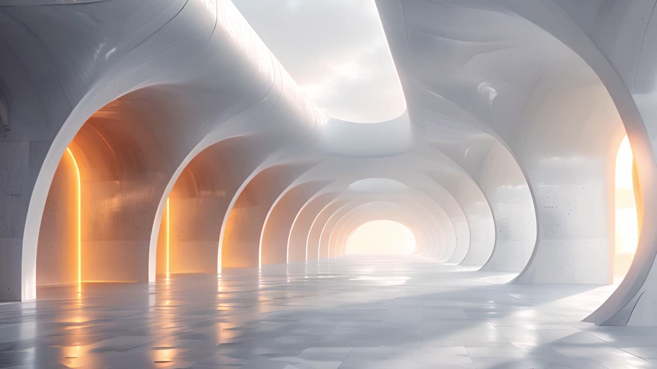 Futuristic White Hallway with Arches and Warm Light