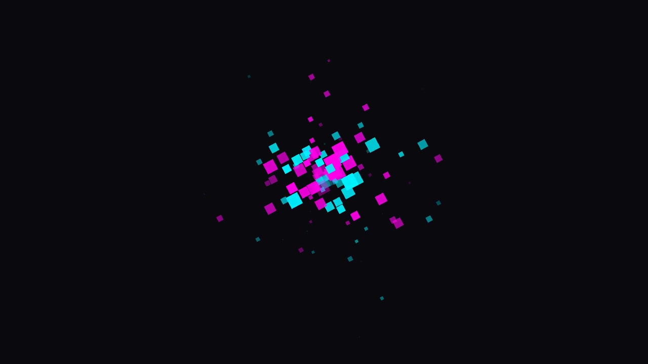 Abstraktia liikegrafiikkaa kelluvista neonpinkeistä ja sinisistä neliöistä