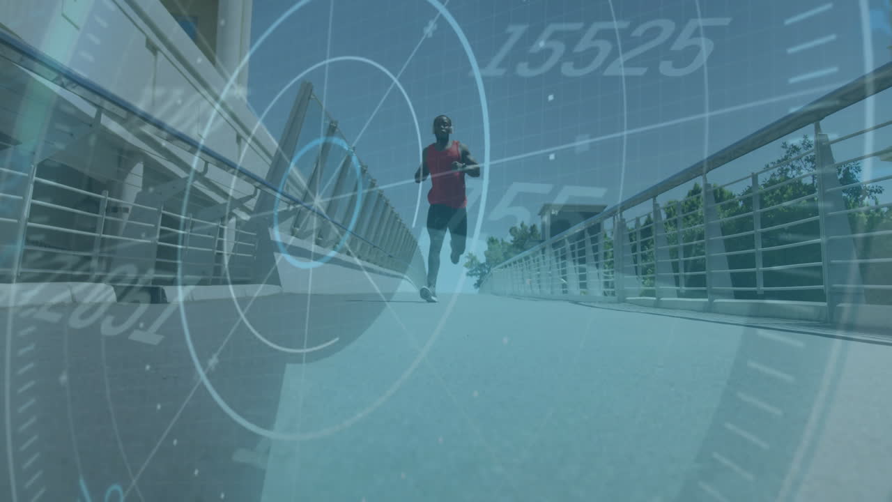 Running on bridge, man with fitness tracker over health data animation