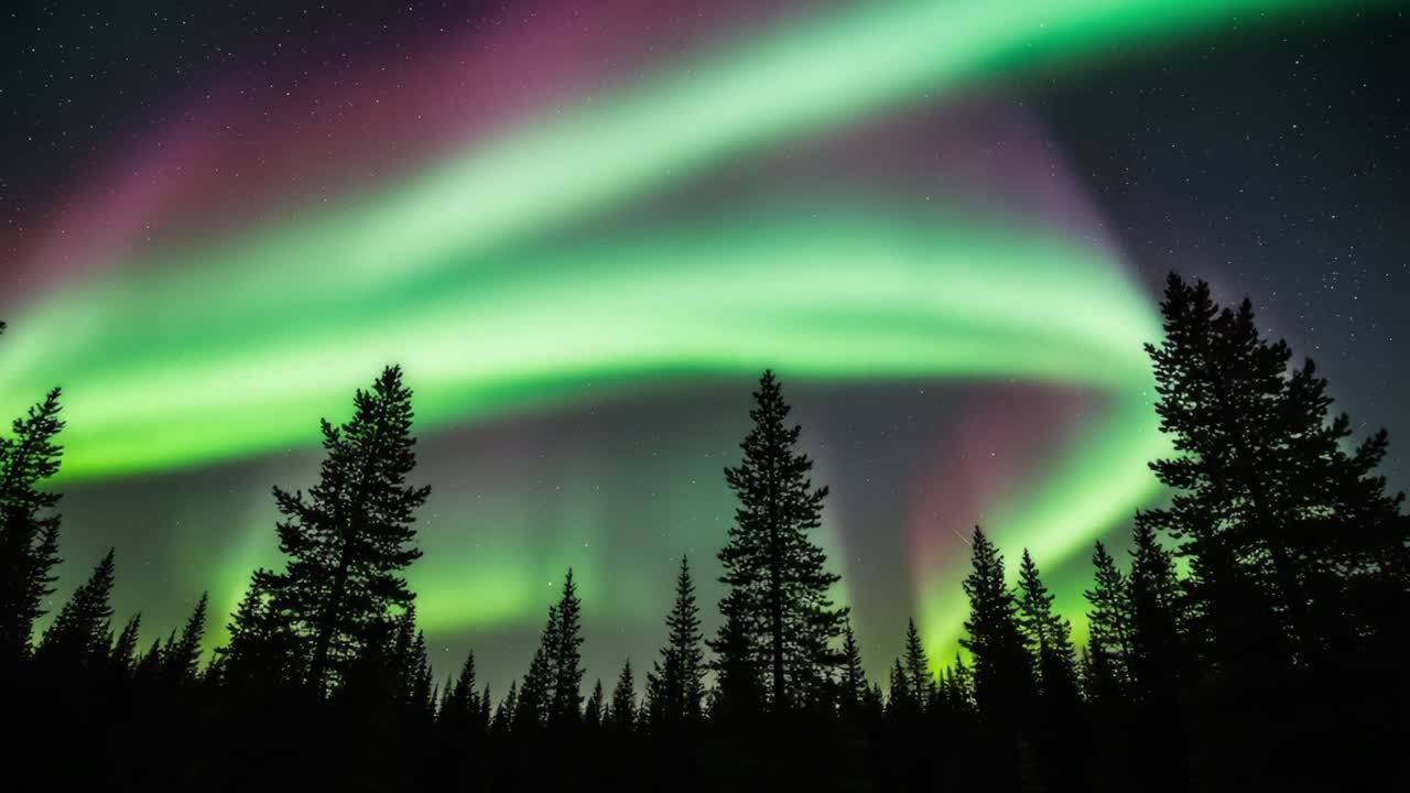 Captivating Night Sky Display: Stunning Aurora Borealis Illuminates the Forest with Vibrant Colors and Ethereal Lights Amidst Tall Trees Under a Starry Sky