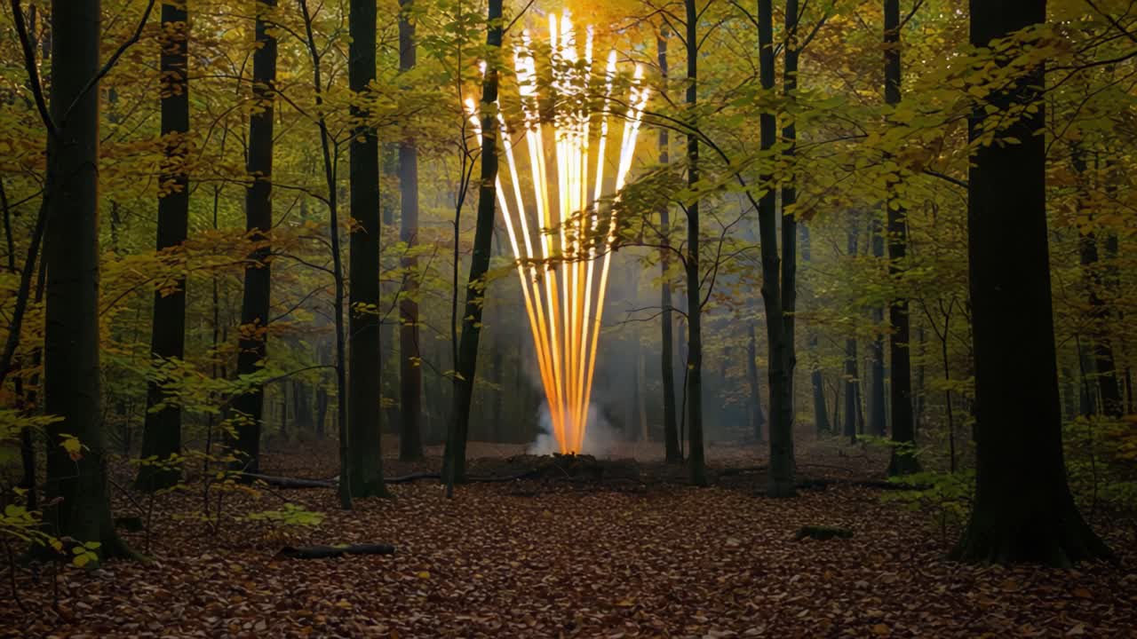 A Captivating Transformation in a Forest: From a Fiery Blaze to a Misty Aftermath, Witness the Stunning Visual Journey Supported by Nature's Autumn Palette