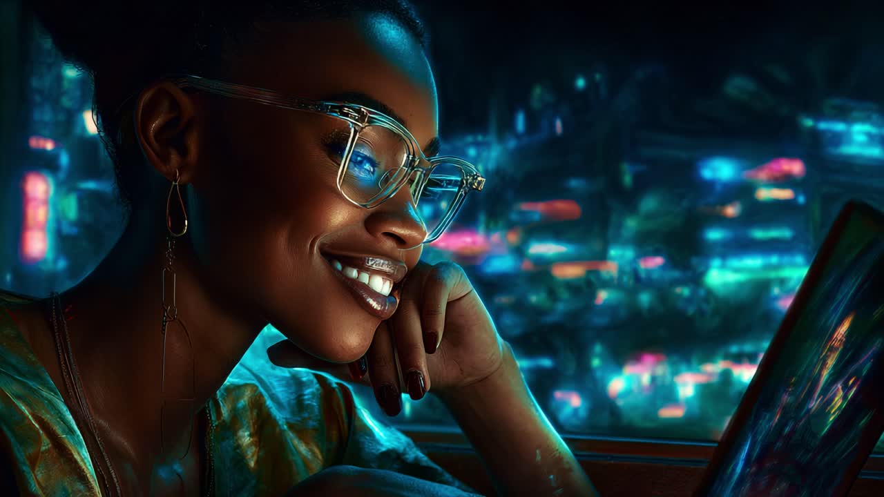 A captivating moment showcasing a young woman with glasses, illuminated by vibrant city lights, as she engages with her device, reflecting a blend of joy and intrigue in her expression