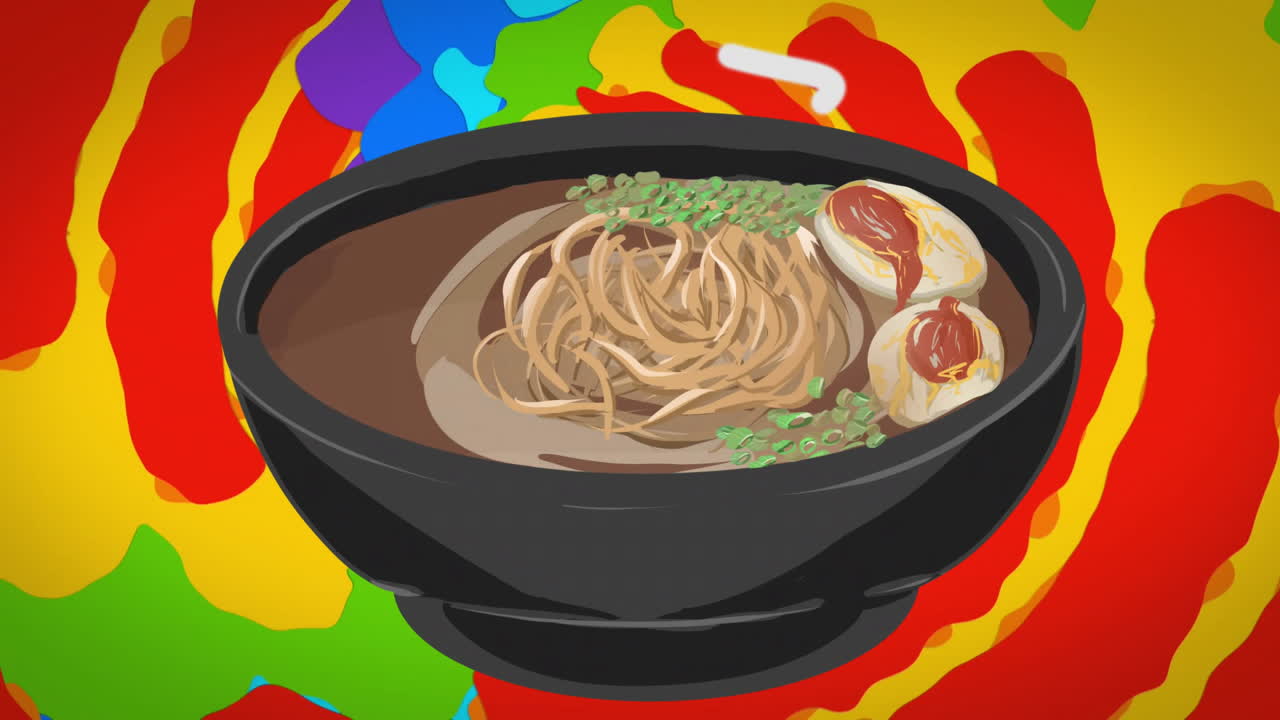 Colorful abstract shapes over bowl of ramen with chopsticks and toppings