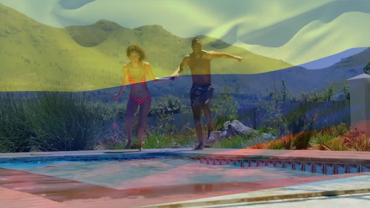 수영장에서 수영하는 행복한 부부 위에 콜롬비아를 흔들고 있는 애니메이션