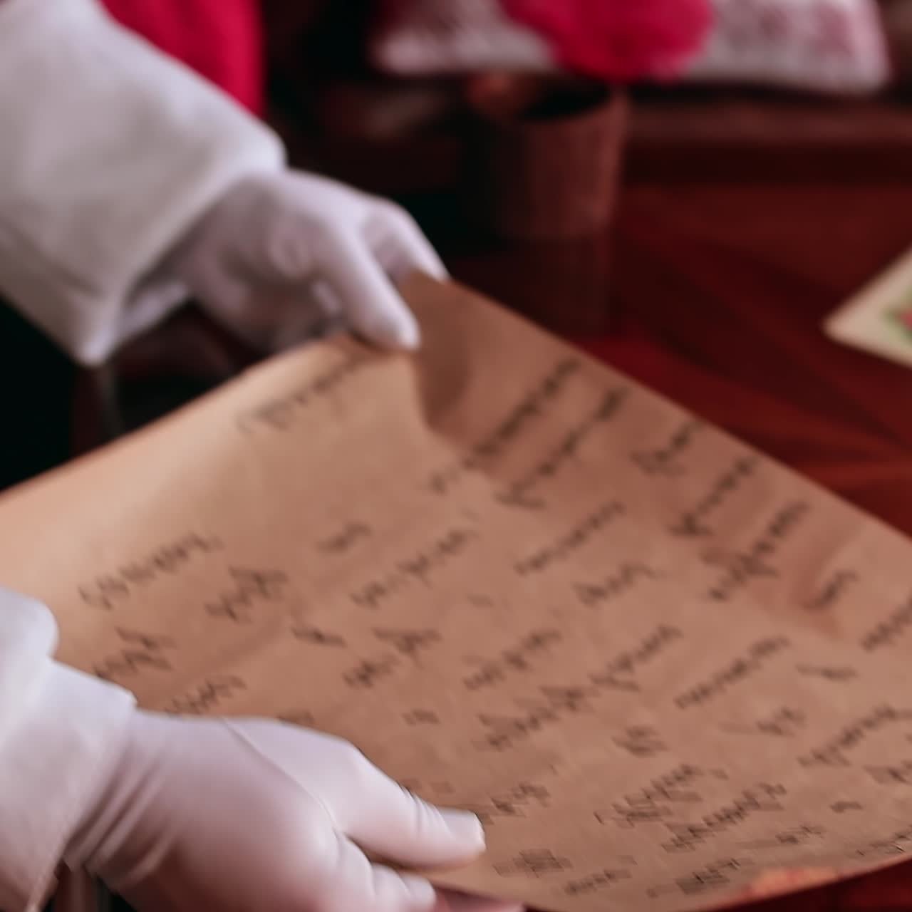 Santa's hands in white gloves holding the letter. Grandpa Claus puts the letter on the table among Christmas cards