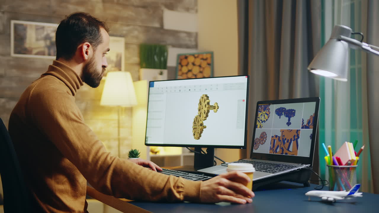 Bearded engineer taking a sip of coffee while working on computer