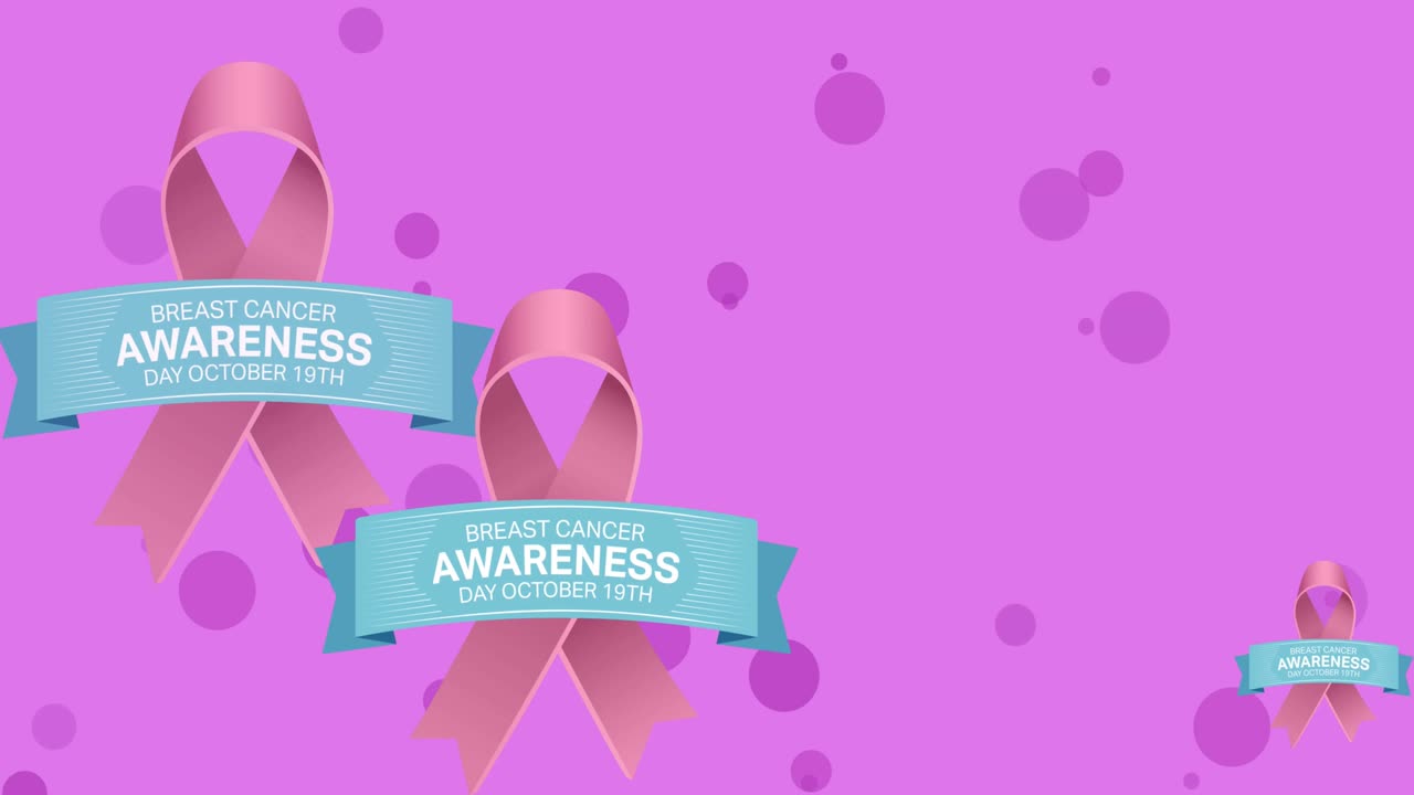 핑크색 유방암 리본 위에 유방암 인식 텍스트의 애니메이션