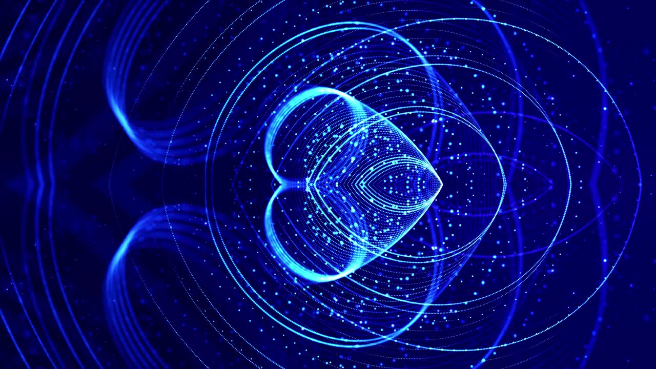 Glow blue particles form lines, symmetrical structures like in microworld or cosmic space. 4k looped sci-fi 3d abstract background. For holiday presentations, ceremonies as vj loop motion design 23