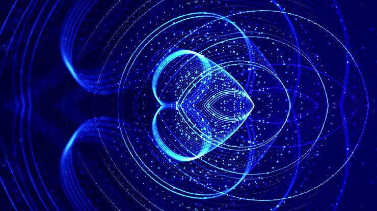 Glow blue particles form lines, symmetrical structures like in microworld or cosmic space. 4k looped sci-fi 3d abstract background. For holiday presentations, ceremonies as vj loop motion design 23