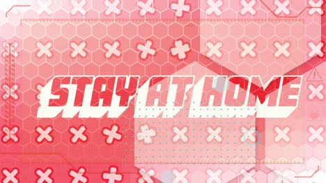 animación de texto quedarse en casa con cruces moviéndose en fondo rosa con una cuadrícula