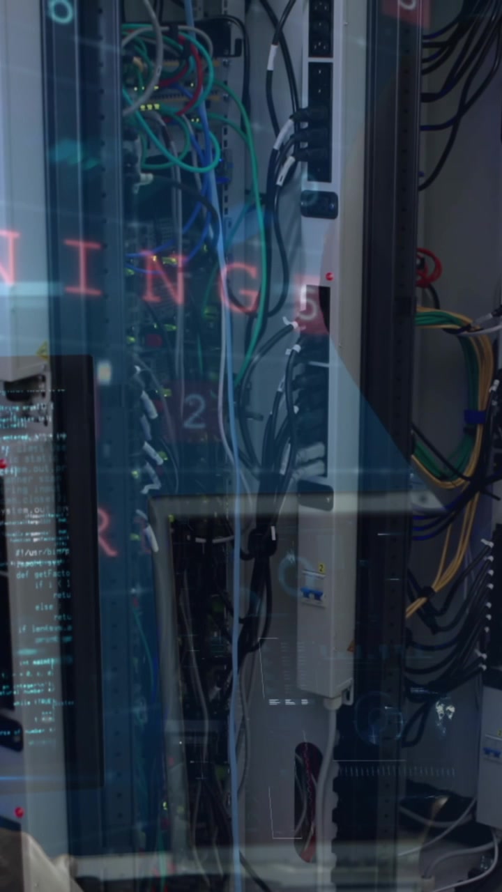 Animation of data processing over computer servers and caucasian female it engineer