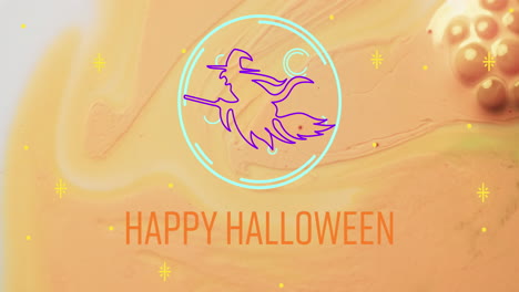 animation of happy halloween text and witch over orange background