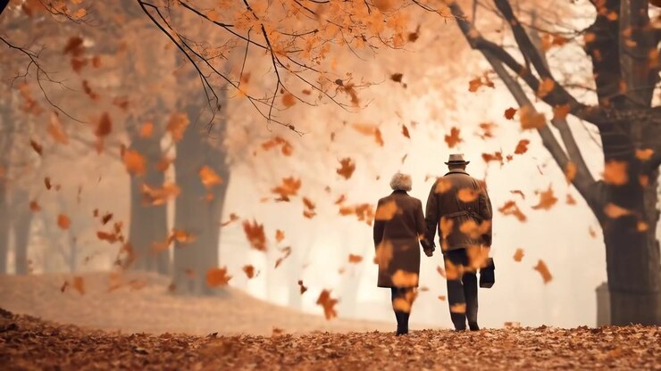 Bejaard echtpaar loopt hand in hand door Autumn Park
