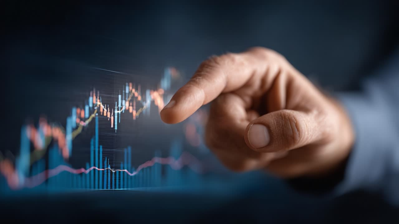 A Focused Gesture Towards a Dynamic Financial Graph Displaying Trends and Market Movements with Colorful Indicators and Data Points Captured in a Professional Environment