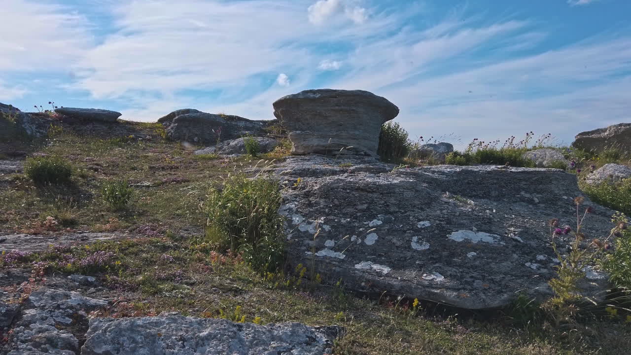 Unique rock formations in rauk field, ground level shot