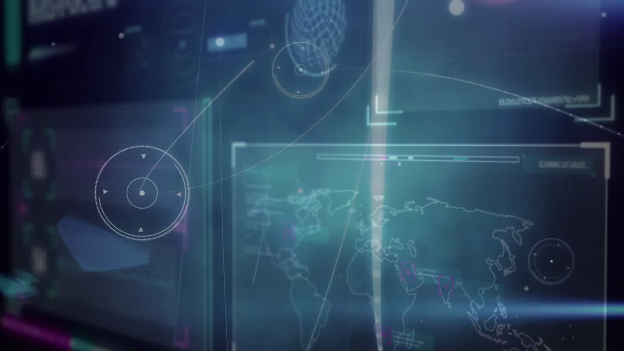 World map hologram projecting targeting reticles, waveform graphs, gridlines, glowing progress bars