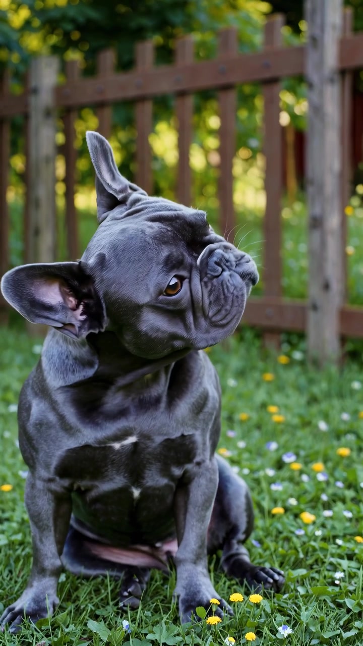 Schattige blauwe Franse bulldog zittend op groen gras in een tuin