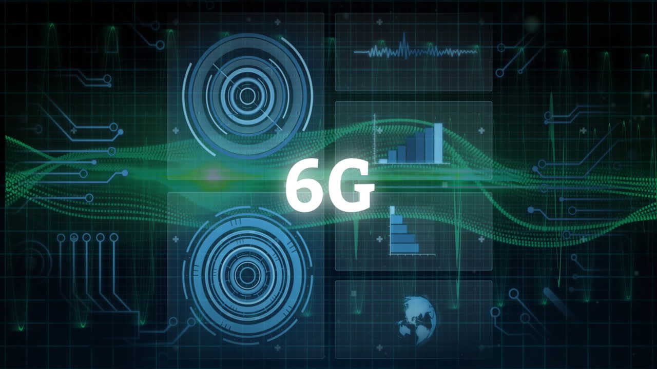 Text animation showing 6G over futuristic digital interface with graphs and data