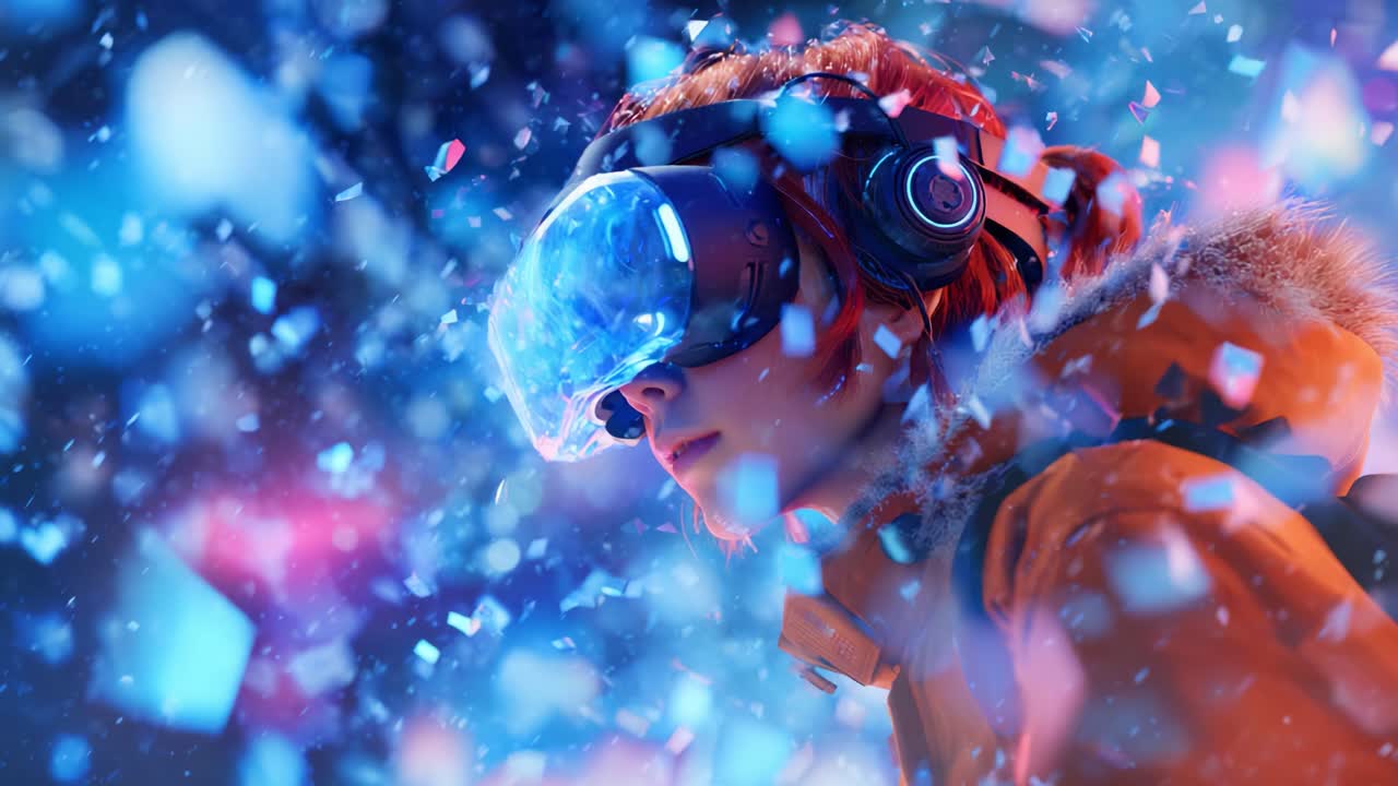 A futuristic journey unfolds as a young woman immerses herself in virtual reality, experiencing vivid visuals amidst a flurry of vibrant colors and snowy particles, captivating her senses