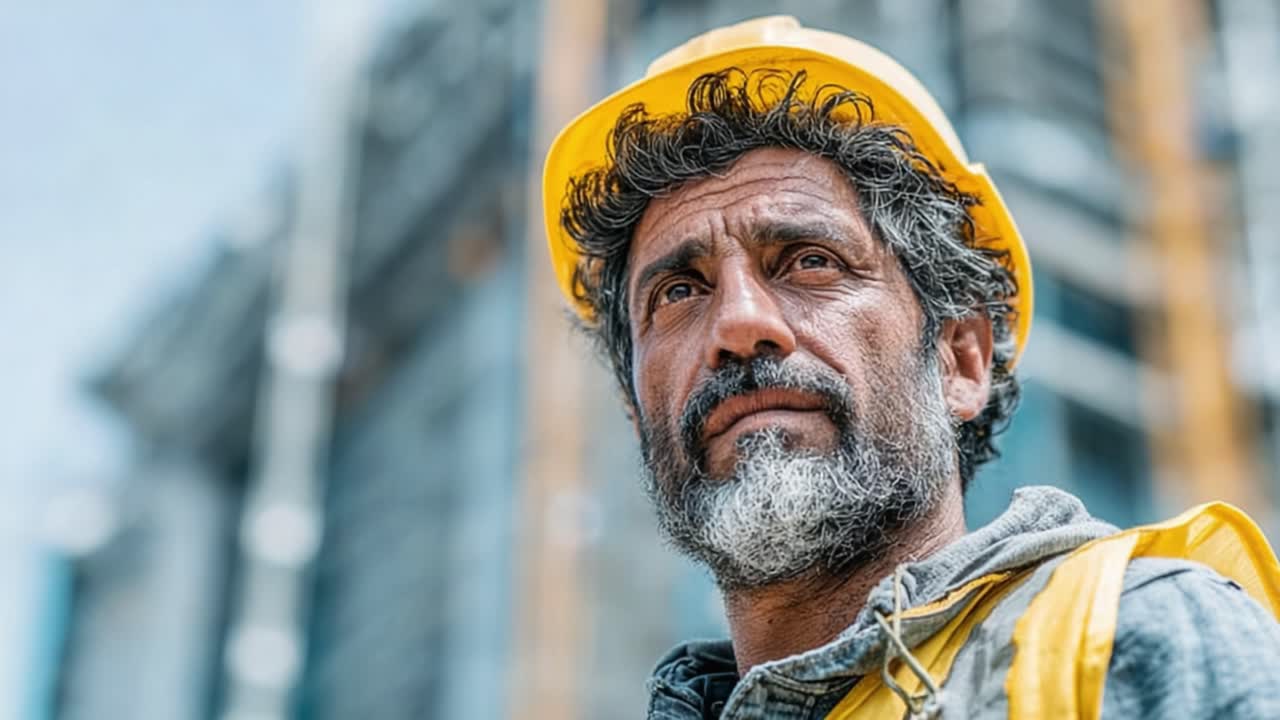 A dedicated construction worker wearing a safety helmet gazes thoughtfully into the distance, reflecting on his hard work and the challenges faced on a busy job site