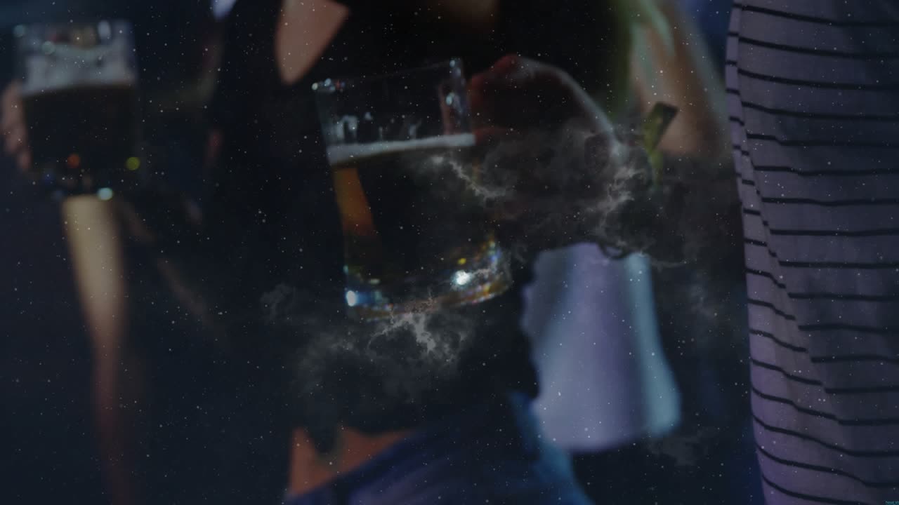 Camera pulling back woman adjusting hair holding beer for nightlife, nebula sweeping faces