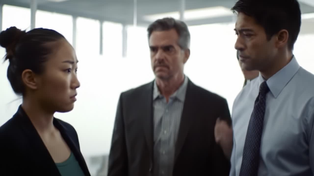 A group of professionals engage in a serious discussion in a modern office environment. Tensions rise as they address urgent matters among each other.