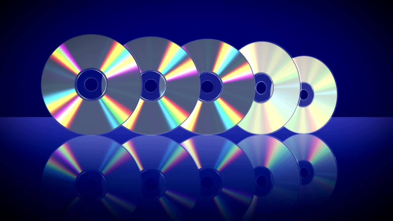 cinco discos láser aparecen uno tras otro. 4k. 3840x2160.