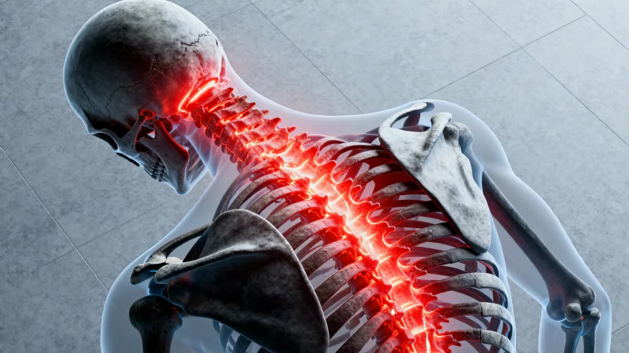 Viser et skelet med en rød glød, der pulserer ned ad halsen i medicinsk kunst, hvilket indikerer inflammation.