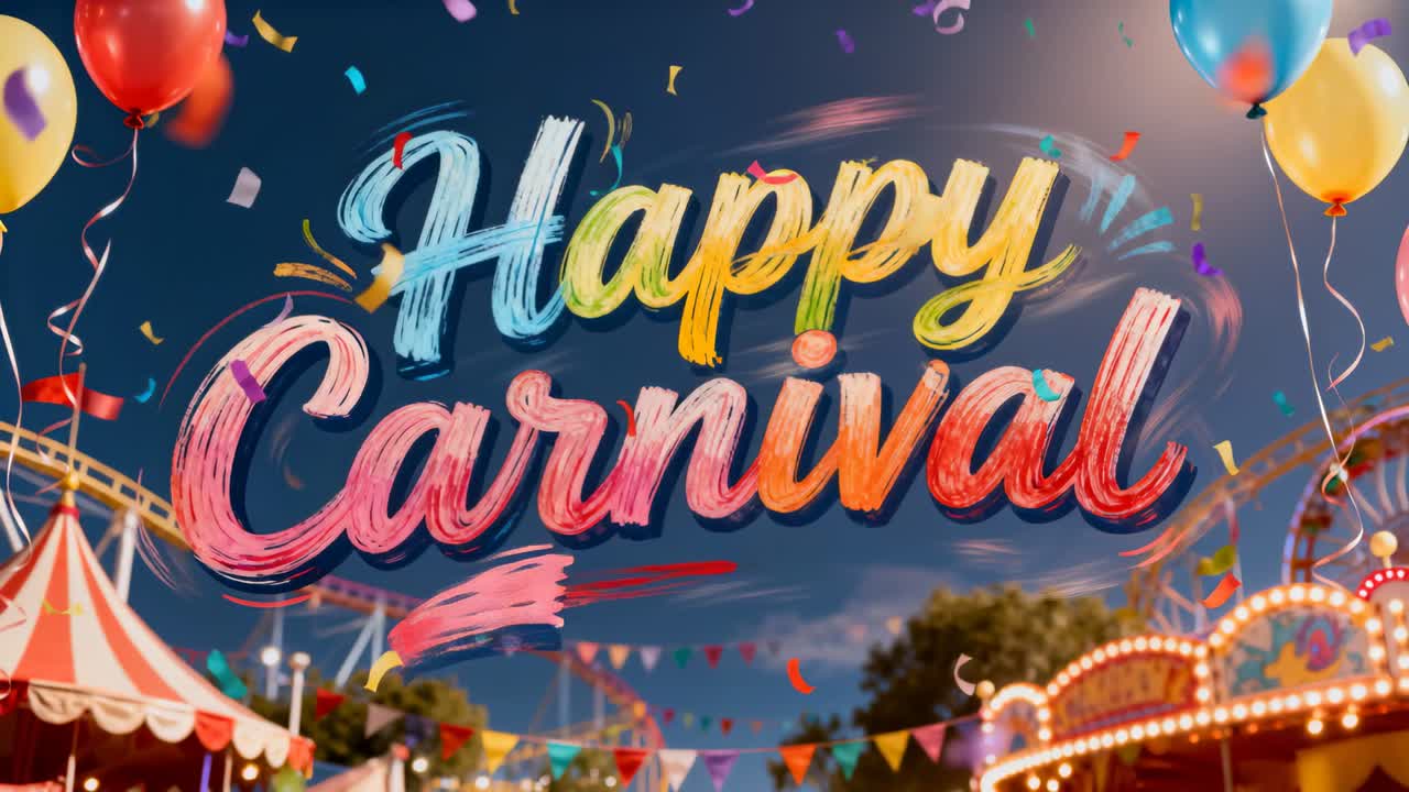Confetti falling, painted Happy Carnival lettering announcing carnival with paint swash at midway