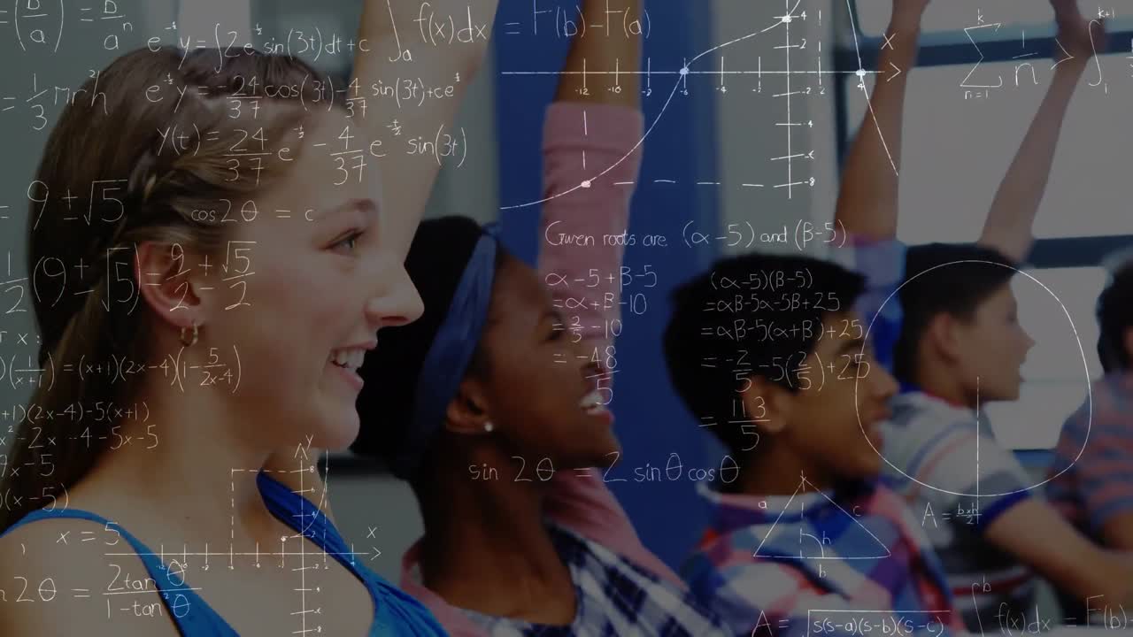 Animation of mathematical equations over schoolchildren in classroom