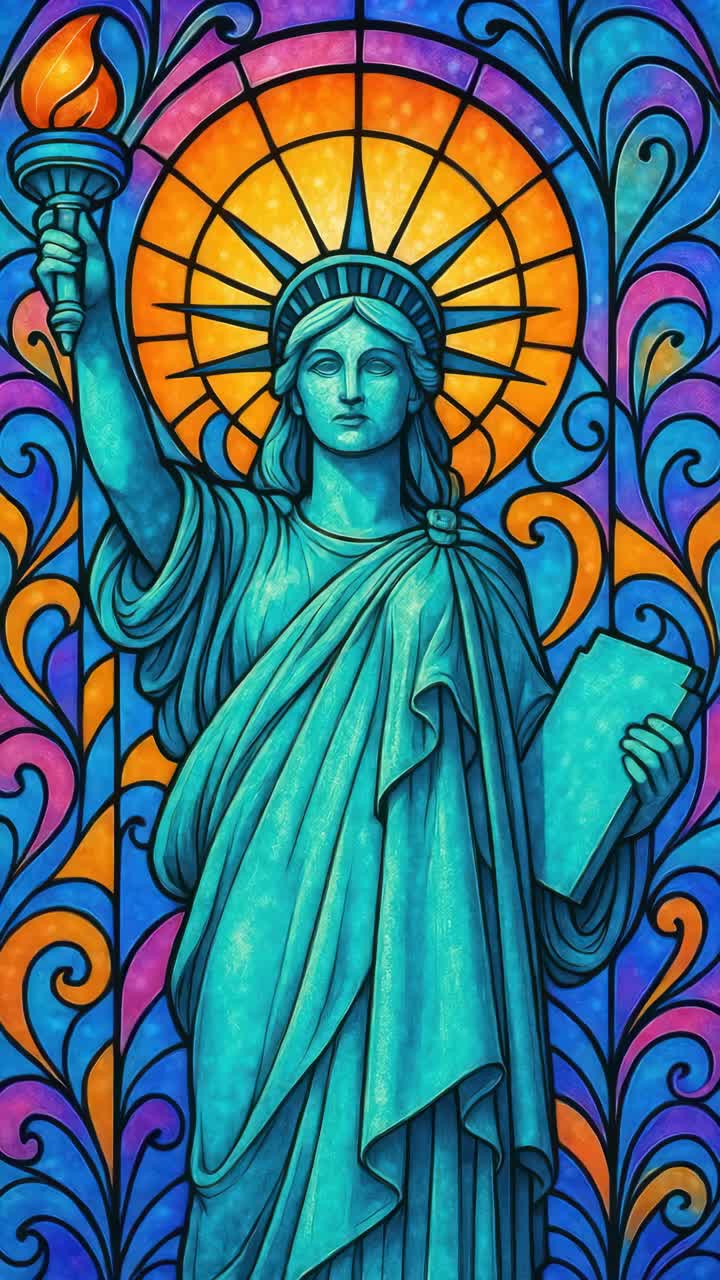Opera d'arte realistica su vetro colorato della Statua della Libertà con colori vivaci