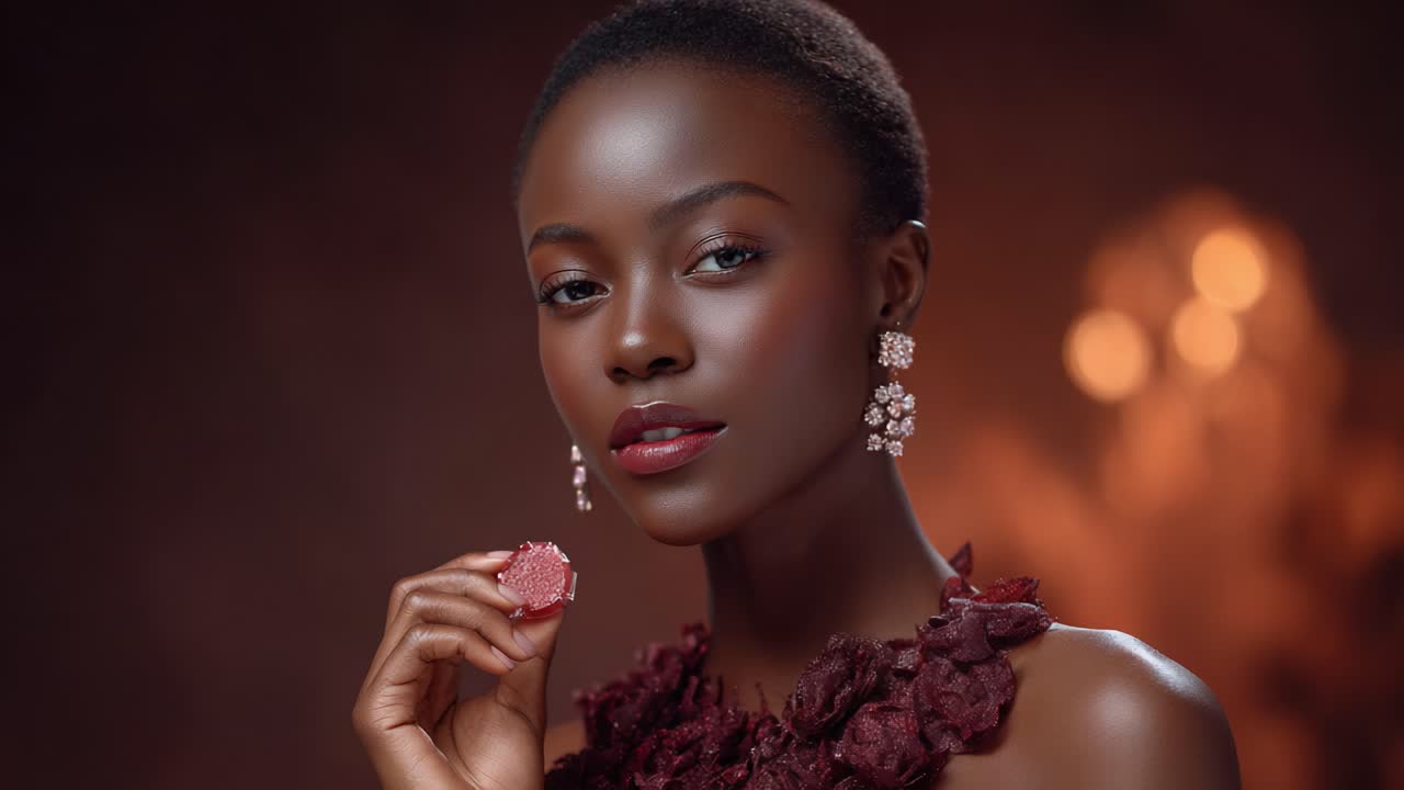 Elegant Portrait of a Woman Exuding Confidence and Beauty, Holding a Delicate Macaron Against a Soft Focus Background with Warm Tones and Luxurious Accessories