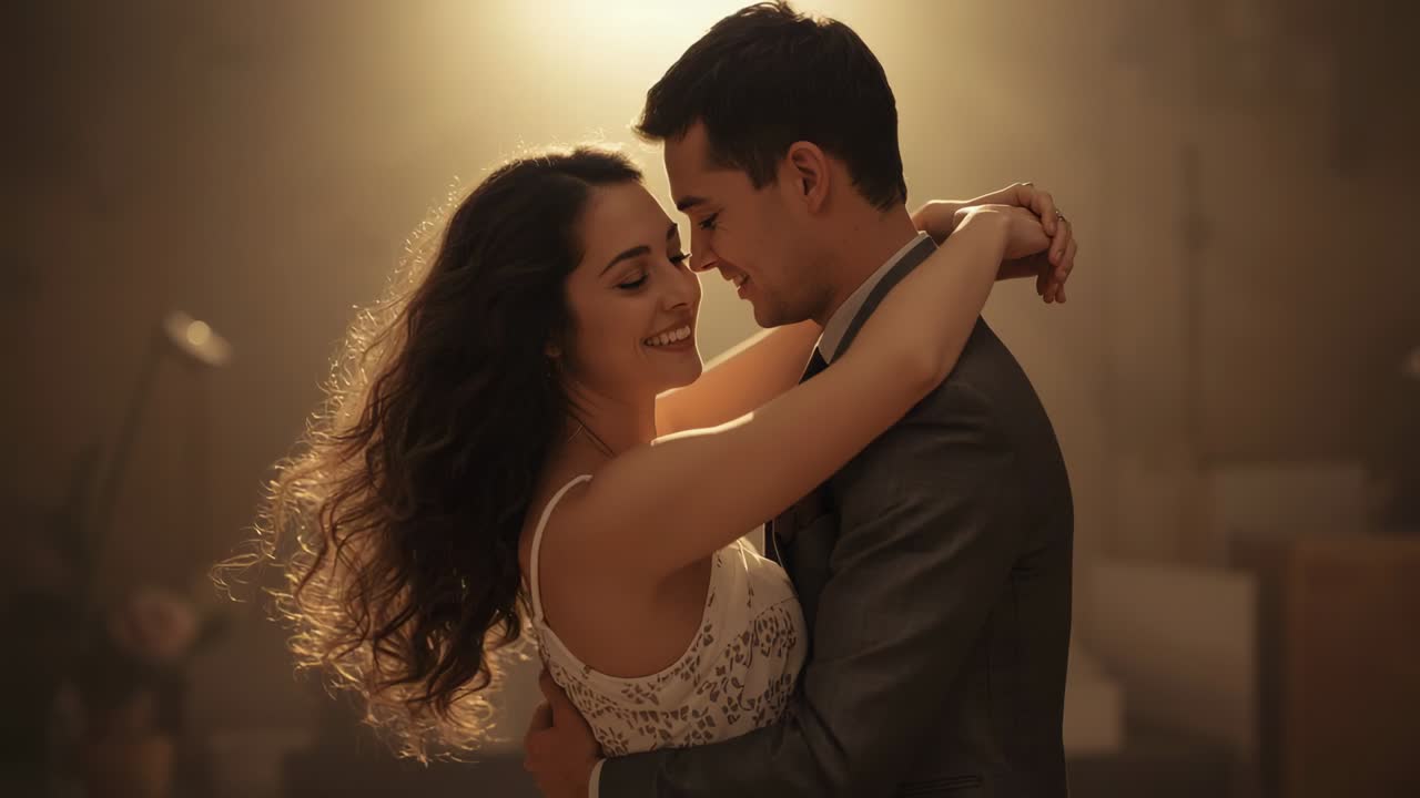 Dancing romantic couple swaying in formal rehearsal space, showing lace dress, grey suit, rings