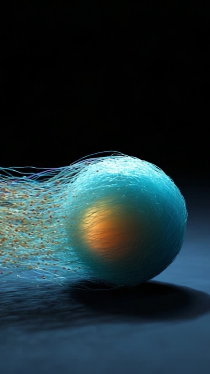 A mesmerizing abstract representation of dynamic motion, showcasing a glowing spherical object enveloped in flowing strands of color and light against a dark backdrop