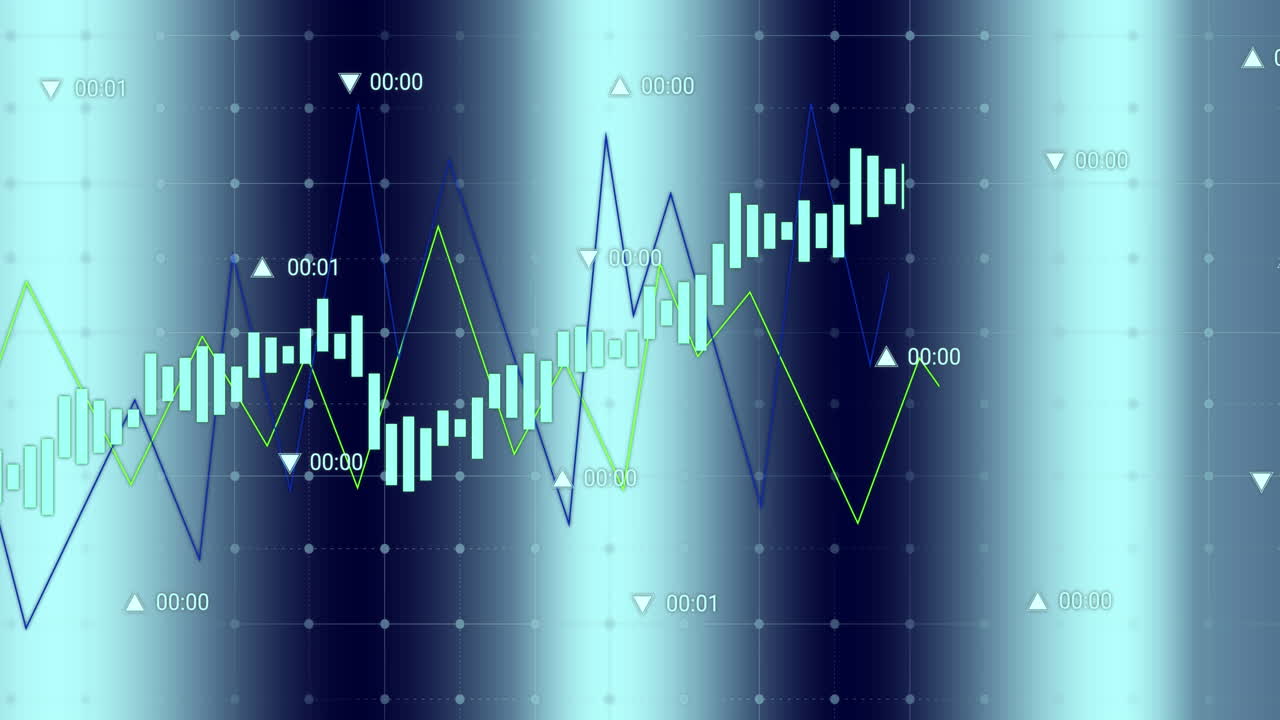 블루 그라디언트 배경에 대한 그리드 네트워크를 통해 통계 데이터 처리의 애니메이션
