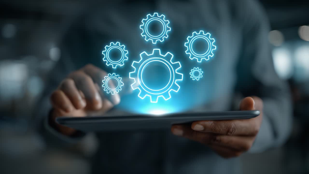 Engaging with Digital Mechanisms: A User Interacts with a Tablet Displaying Animated Gears Representing Automation and Technology in a Modern Workspace
