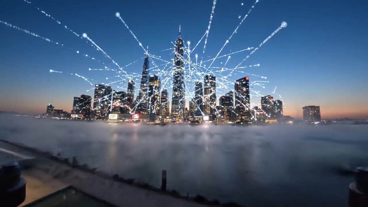 A Dynamic Transition from a Bustling City Street at Dusk to a High-Tech Skyline Illuminated by Digital Networks, Capturing Urban Life and Innovation