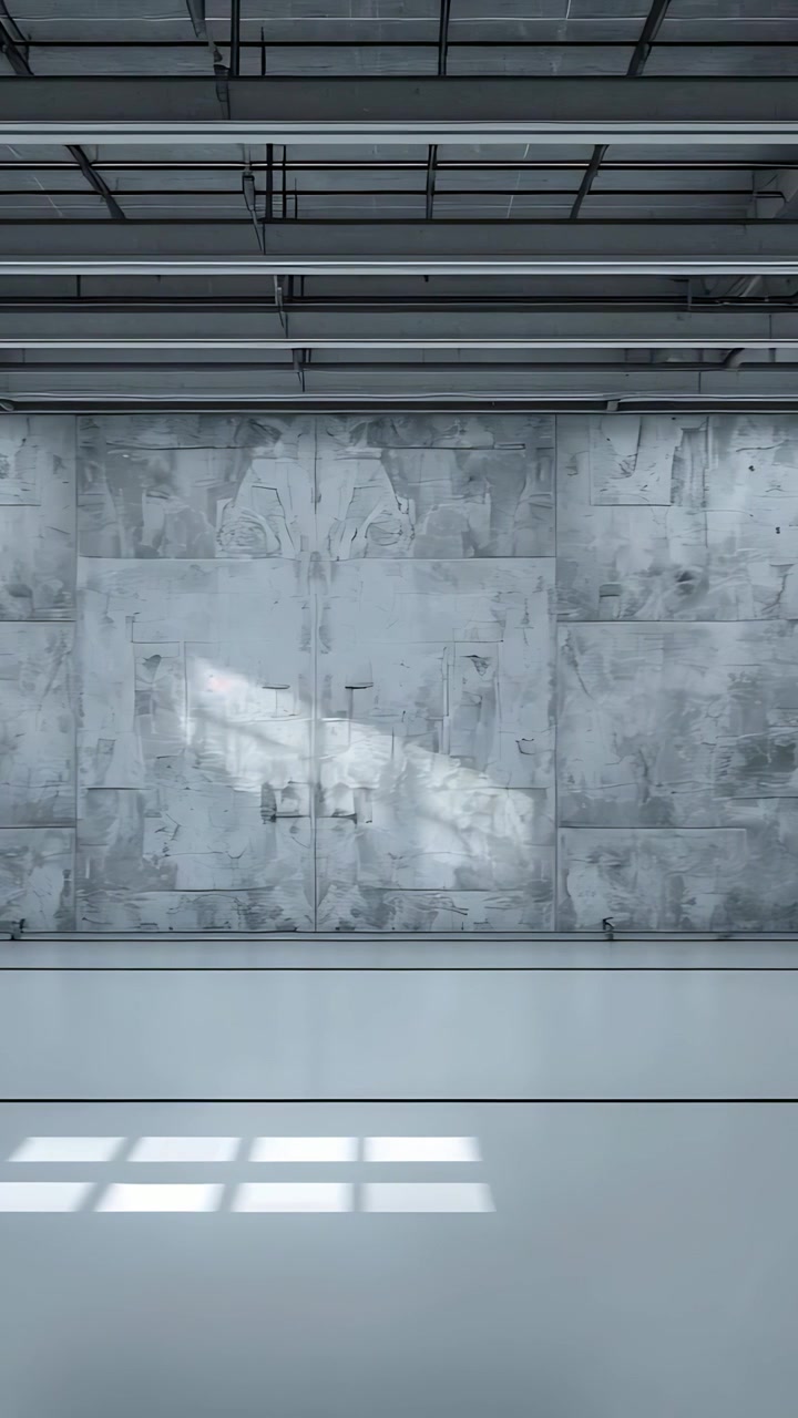 Vertical video: Moving sunbeams passing skylight crossing double doors in hall, casting grid