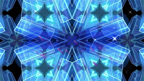 animación digital de rastros de luz púrpura sobre patrones caleidoscópicos azules sobre fondo negro