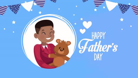 happy fathers day lettering with afro son and bear teddy