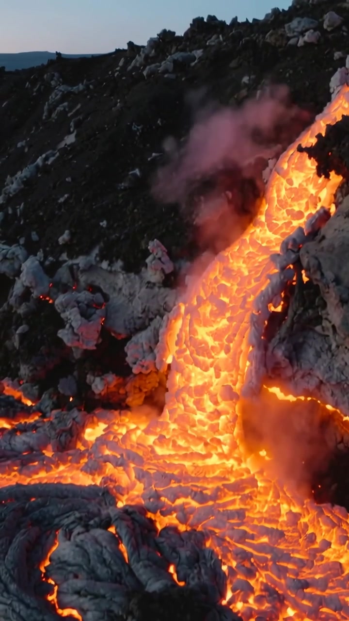 Vertical video: Pouring lava from vent cascading down slope at dusk forming cooling crust and steam