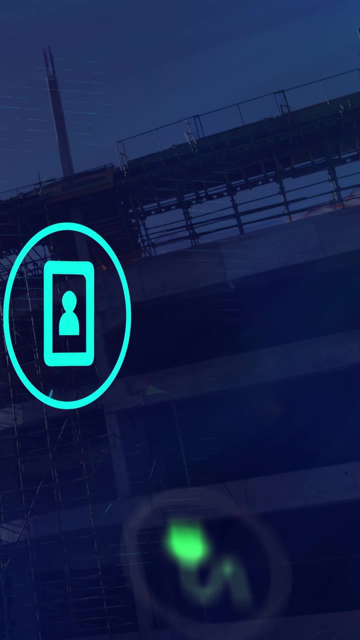 Video verticale: Icona del telefono ciano che appare a sinistra e cresce, linee pulsanti che mostrano lo stato del sito.