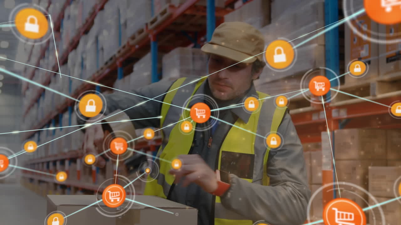 animación de la red de conexiones sobre el hombre caucásico que trabaja en el almacén