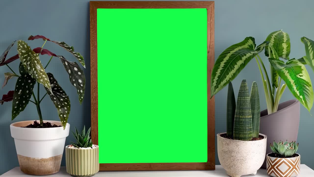 Aesthetic wooden frame live mockup animation, transparent 4K video, green screen