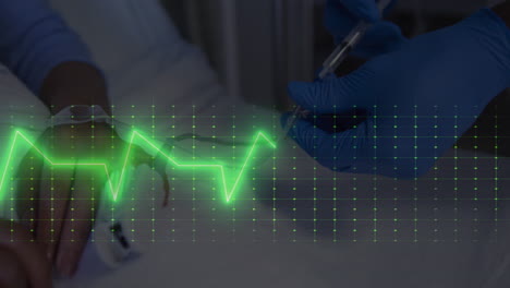 animación del monitor de ritmo cardíaco contra el médico que da la inyección por goteo intravenoso en el hospital