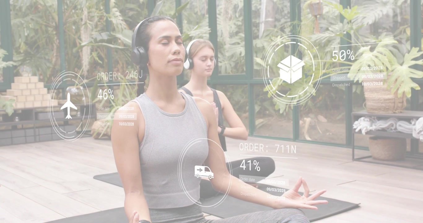 Estudante de yoga meditando, iniciando sobreposição da cadeia de suprimentos, colega se juntando, ícones e porcentagens subindo.
