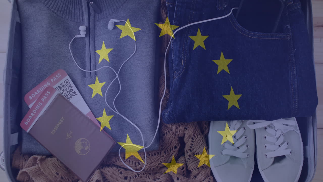 animación de estrellas de la unión europea sobre pasaporte, tarjeta de embarque y artículos esenciales para el viaje