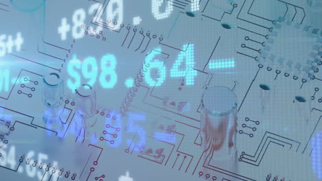 digital animation of stock market data processing against microprocessor connections