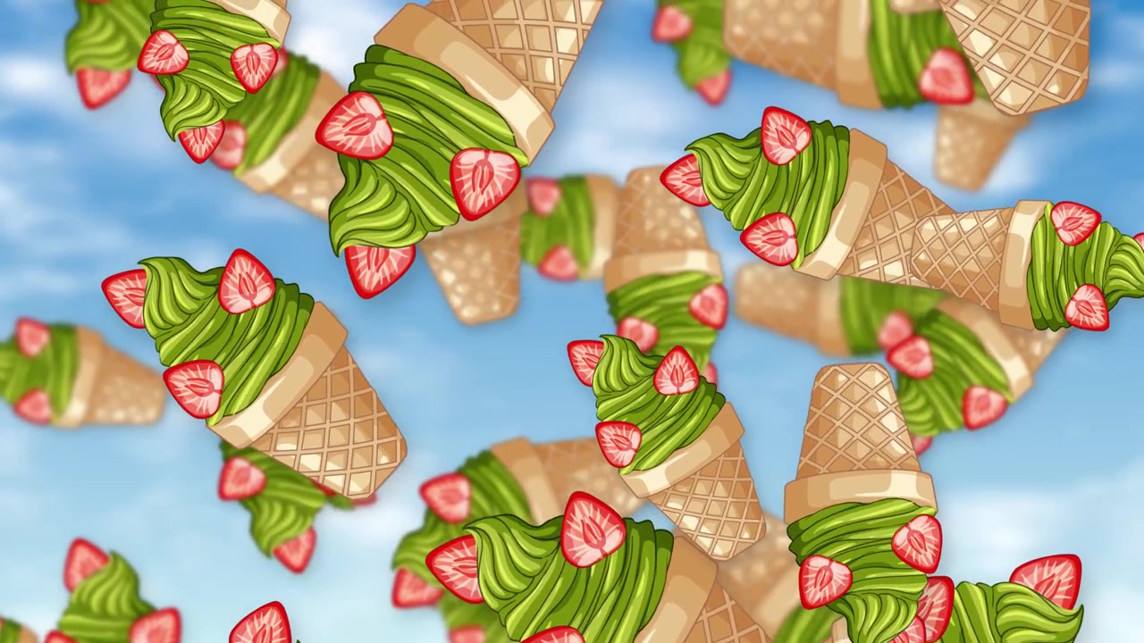 Cones animados de sorvete soft de matcha com fatias de morango caindo contra um fundo de céu azul brilhante